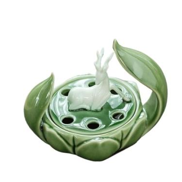 Imagem de Queimador de incenso de cerâmica verde com tampa ornamento decorativo interno suporte de incenso para salas de estar, hall de entrada, para meditação (verde)