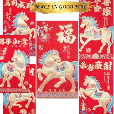Imagem de Envelopes vermelhos luxuosos Ano Novo Chinês Cavalo Envelope 2026 Ano Novo Lunar Pacote Vermelho Festival da Primavera, Aniversário Casamento Papel Glitter Cavalo Forte 36 peças
