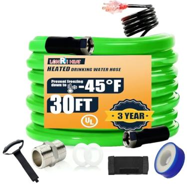Imagem de Mangueira de água aquecida de 30 m para água potável RV, proteção contra congelamento de -42.8 °C e mangueira de jardim anticongelante, sem chumbo/BPA, com aquecedor autorregulável, adaptador de 0,9