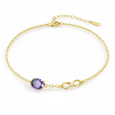 Imagem de MYJEWR S925 Pulseira feminina banhada a ouro 14 K, joia de ouro ajustável delicada, corrente de mão moderna para mãe, esposa e senhoras, presente de aniversário para ela, One Size, Metal, Ametista