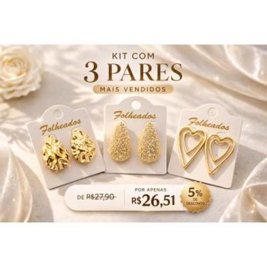 Imagem de Brincos Folheados a Ouro 3 Pares Gota Texturizada e Coração Vazado Dou