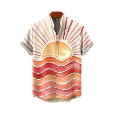 Imagem de Camisa Masculina Vintage De Linho Com Estampa De Sol, Manga Curta, Ver