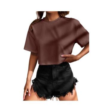Imagem de Camiseta feminina de manga curta cor sólida estilo universitário top r