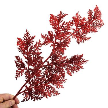 Imagem de Galho Decorativo Artificial Vermelho Glitter 85cm para Decoração de Natal com Folhas de...