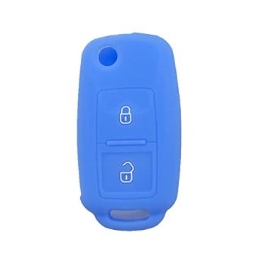 Imagem de WSWJDW Silicone 2 Botões Car Key Case Cover Chaveiro Ring Key Bag, apto para VW Amarok Polo Golf MK4 Bora Jetta Altea Skoda Octavia Fabia Amarok, LightBlue