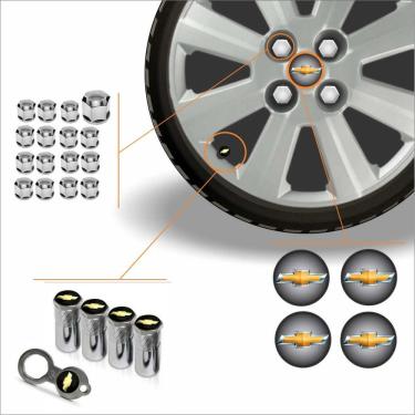 Imagem de Kit Acessórios Para Roda Calota Chevrolet Emblema Resinado + Tampa Ventil Antifurto + Capa Parafuso