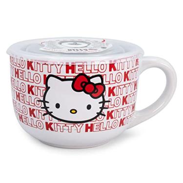 Imagem de Sanrio Hello Kitty Caneca de sopa de cerâmica vermelha com tampa ventilada | Recipiente de tigela para sorvete, cereais, aveia | Canecas e xícaras de café grandes, itens essenciais para casa e cozinha | Presentes Kawaii fofos | Comporta 680 g