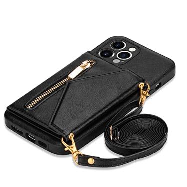 Imagem de Crossbody com zíper para iPhone 13 12 Mini 11 X XR XS Pro Max 7 8 Plus Case com Porta-cartão Carteira Cordão Capa de Couro, Preto, Para iPhone 6S Plus