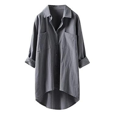 Imagem de WSLCN Camisola longa Plus Size Feminina com Botões Blusas de Manga Comprida Casual ou Pijama Cinza GG