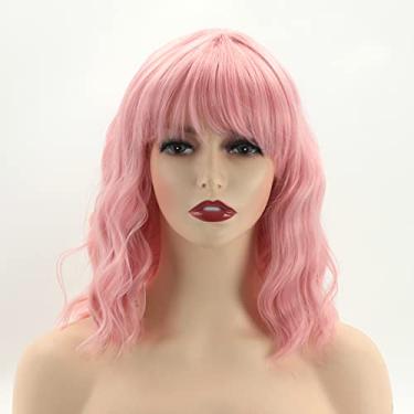 Imagem de Peruca feminina cabelo cacheado rosa fibra química cabelo ondulado peruca cabeça