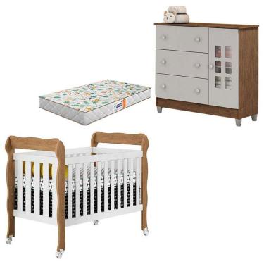 Imagem de Berço Lila e Cômoda Mariah Branco Acetinado Amadeirado com Colchão Gazin - Carolina