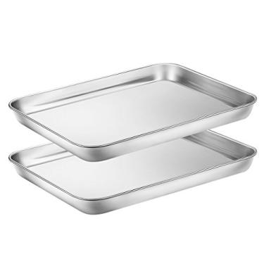 Imagem de Conjunto de 2 assadeiras HKJ Chef para biscoitos, 2 peças de assadeira de aço inoxidável e assadeiras de forno, tamanho retangular 25,5 cm C x 20,5 cm L x 3,5 cm A e não tóxica, saudável e fácil de