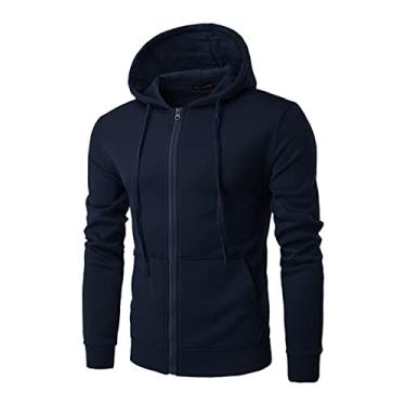 Imagem de Moletom com Zíper Blusa de Frio Moleton Com Capuz Blusão Masculino Liso Azul marinho GG