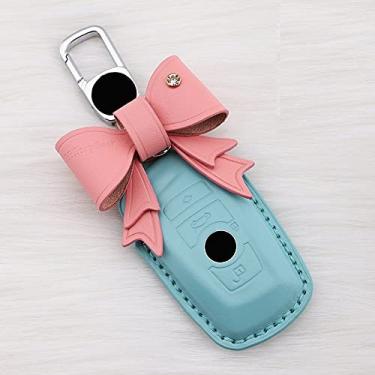 Imagem de CSHU Couro da capa da chave do carro capa chaveiro anel chave bolsa, adequado para BMW E90 E60 E70 E87 1 3 5 6 Série M3 M5 X1 X5 X6 Z4, B ciano