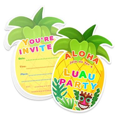 Imagem de Pacote com 20 convites havaianos Aloha Luau de festa com envelopes - piscina de verão tropical aniversário chá de bebê Tiki suprimentos de festa cartões de convite, flores tropicais abacaxi convites p