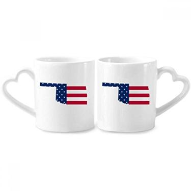 Imagem de Oklahoma EUA Mapa Estrelas Listras Forma Bandeira Casal Caneca Porcelana Conjunto de Cerâmica Copo Amante Punho Coração