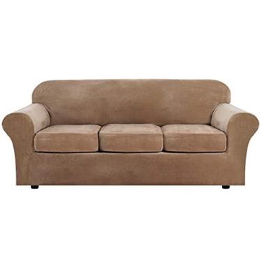 Imagem de Moderna Veludo De veludo 4 peças de sofá de alto estiramento sofá slipcover sofá capa protetor de móveis forma fit luxo thick velvet sofá capa para 3 sofá almofada, máquina lavável (sofá, camelo)