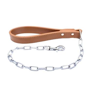 Imagem de haoyueer 71 cm de comprimento corrente resistente para cães com alça de couro para caminhadas de cães de tamanho grande e médio, treinamento de trânsito e viagens (marrom)