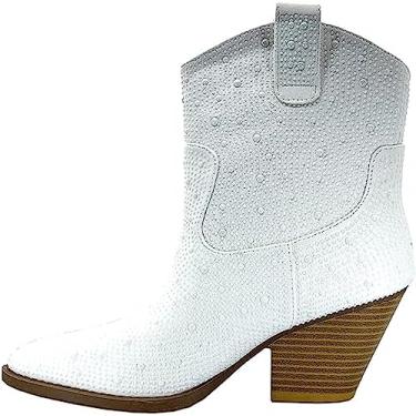 Imagem de Bota feminina de cano curto com salto bloco de strass cano médio, Strass marfim, 10