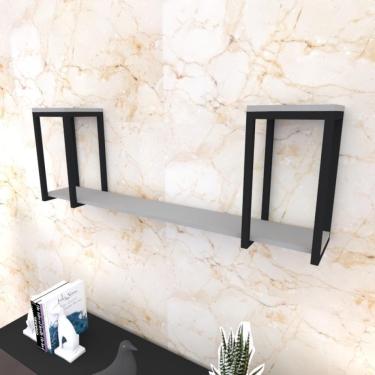 Imagem de Prateleira Industrial Suspensa Estante Parede Nicho Cinza Ferro E Madeira Suporte Pratileira