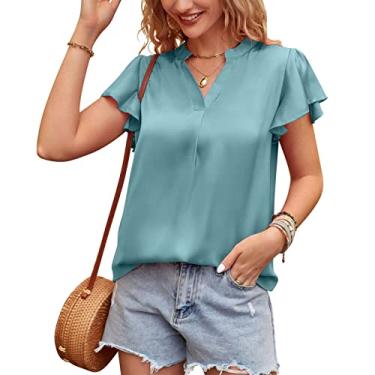 Imagem de Camisa de cetim feminina, blusa de cetim com decote em V respirável para encontros, Verde (Lake Green), XG