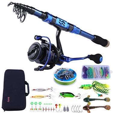 Imagem de Vara de pesca Sougayilang e carretel Combos - Bastão de pesca telescópica de fibra de carbono - Molinete giratório 12 + 1 BB com estojo de transporte para kit de equipamentos de pesca de água salgada e doce (azul 2,7 m a 4000)