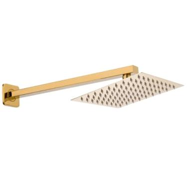 Imagem de Ducha Fria Aquecedor Solar Gás Quadrada Dourada Chuveiro Slim 20x20 Cm Inox + Braço 40cm Área Interna E Externa Piscina Jardim Quintal