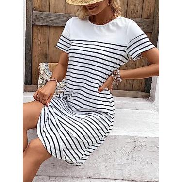Imagem de Camisa Feminina Striped Print Tee Dress (Color : Black and White, Size : M)