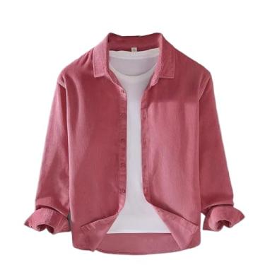 Imagem de Camisa masculina de veludo cotelê primavera outono cor sólida gola virada para baixo camisa masculina manga longa algodão solto, rosa, GG