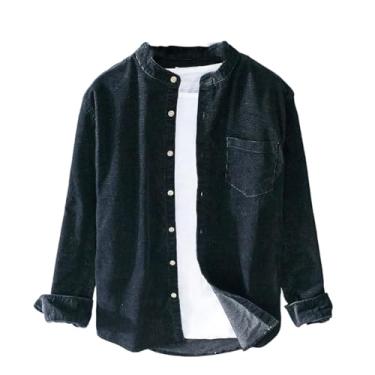 Imagem de Camisa masculina de manga longa primavera outono preto cinza cáqui gola alta vintage camisa masculina solta algodão, Preto, P