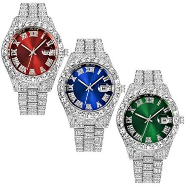 Imagem de CdyBox Relógio masculino hip hop com calendário em escala romana, cristal, strass, relógio de pulso de aço inoxidável, com gelo pacote com 3, Moderno