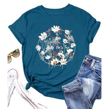 Imagem de Camiseta feminina com flores vintage: camiseta floral boho estampa flores silvestres camisetas manga curta casual tops, Azul 2, G