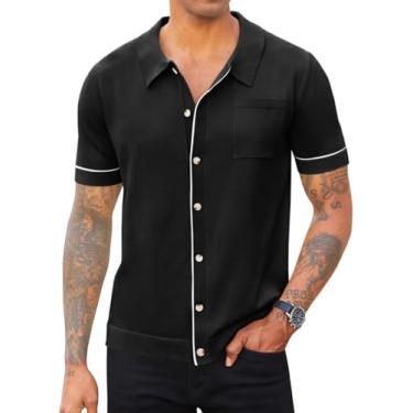 Imagem de Runcati Camisa polo masculina de malha de manga curta casual com botões vintage para golfe, Preto, M