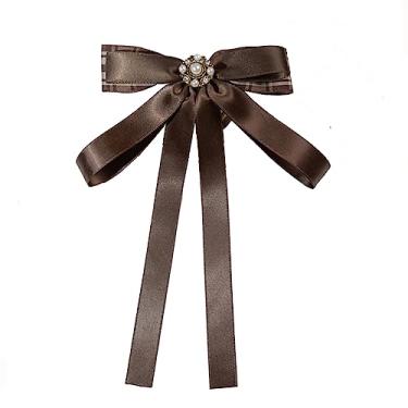 Imagem de JKQBUX Broche de laço xadrez retrô para mulheres meninas broche de laço de pérola pré-amarrado laço corpete festa cerimônia acessórios, 15*20cm, Alumínio, Pérola