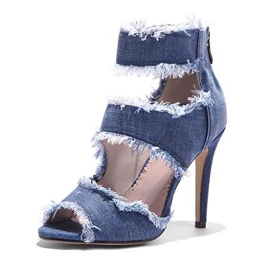 Imagem de MEOTINA Sandálias femininas Rome Denim Peep Toe Extreme High Stiletto Heels Zipper Shoes, Azul, 35