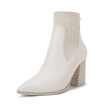 Imagem de Bota feminina bico fino cano curto elástica salto alto confortável Chelsea bota, Branco, 5.5