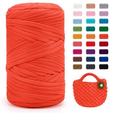 Imagem de JeogYong Fio de camiseta, 400 g/130 jardas tecido super macio de tecido de crochê, fio grosso de tricô à mão para sacos/cestas/tapetes, decoração de casa, artesanato DIY (laranja)