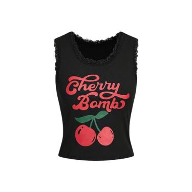 Imagem de Verdusa Camiseta regata feminina Y2K sem manga gola redonda com estampa de letras cereja, Preto, PP