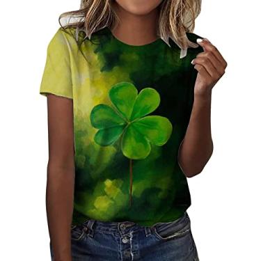 Imagem de Camisetas femininas do Dia de São Patrício com estampa de coração de trevo verde túnica de manga curta, Rosa choque, G