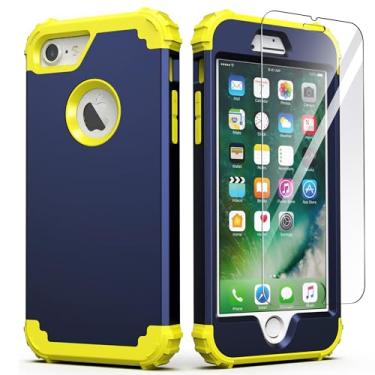 Imagem de IDweel Capa para iPhone 8 com protetor de tela (vidro temperado), capa para iPhone 7, capa 3 em 1 à prova de choque híbrida resistente de policarbonato rígido de silicone macio durável capa durável de corpo inteiro, azul marinho/azul amarelo