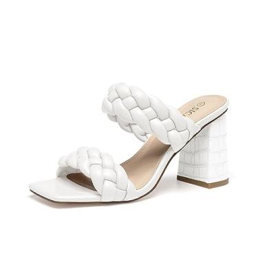 Imagem de WEALTHY73 Sandálias femininas trançadas de salto quadrado com tiras bico aberto salto grosso bloco 9 cm / 3,5 pol sandálias de salto alto mules chinelo sem cadarço, branco, US7 EU 39