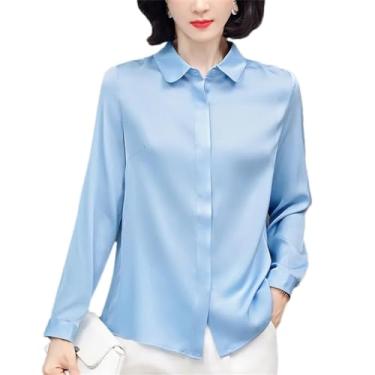 Imagem de Camisa feminina de trabalho para escritório, gola virada para baixo, camisas de manga comprida, blusas femininas de cetim de seda real, Azul, G