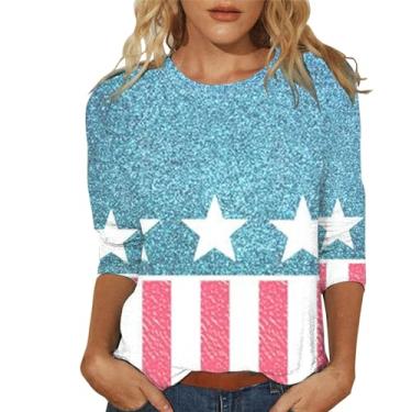 Imagem de Camiseta feminina com estampa de estrela da bandeira dos EUA 4 de julho patriótica camiseta de manga 3/4 do Dia da Independência, Verde menta, XXG