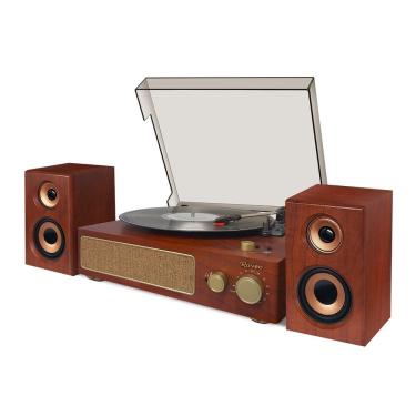 Imagem de Vitrola Raveo Studio Plus Marrom Retrô 2 Caixas Acústicas Rádio FM Toca Discos Grava Bluetooth USB Saída Auxiliar Bivolt