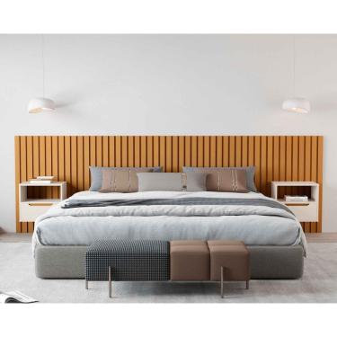 Imagem de Cabeceira Ripado Para Cama King Size Maracá Nature Com 2 Mesa de Cabeceira Jatobá OffWhite - Rede Móveis