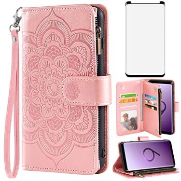 Imagem de Asuwish Capa carteira compatível com Samsung Galaxy S9 e protetor de tela de vidro temperado flor couro flip porta-cartão suporte acessórios de celular capa de telefone para Glaxay S 9 Edge 9S GS9