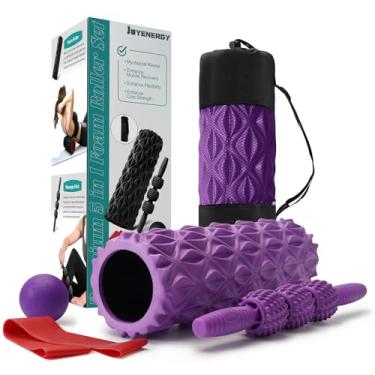 Imagem de JOYENERGY Conjunto de rolos de espuma 5 em 1, rolo de espuma com ponto de gatilho, bastão de massagem, bola de massagem, alça de alongamento para massagem muscular profunda Pilates Yoga, exercício