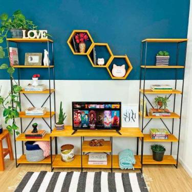 Imagem de Kit Sala de TV de Ferro e Madeira Industrial Pequeno e Duas Estantes T