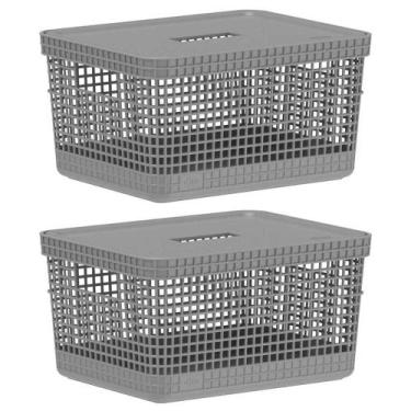 Imagem de Kit 2 Cesto 8L Organizador Multiuso OU Grid Cinza com Tampa