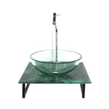 Imagem de Kit cuba de vidro redonda 10mm incolor com tampo de vidro 40cm x 40cm 